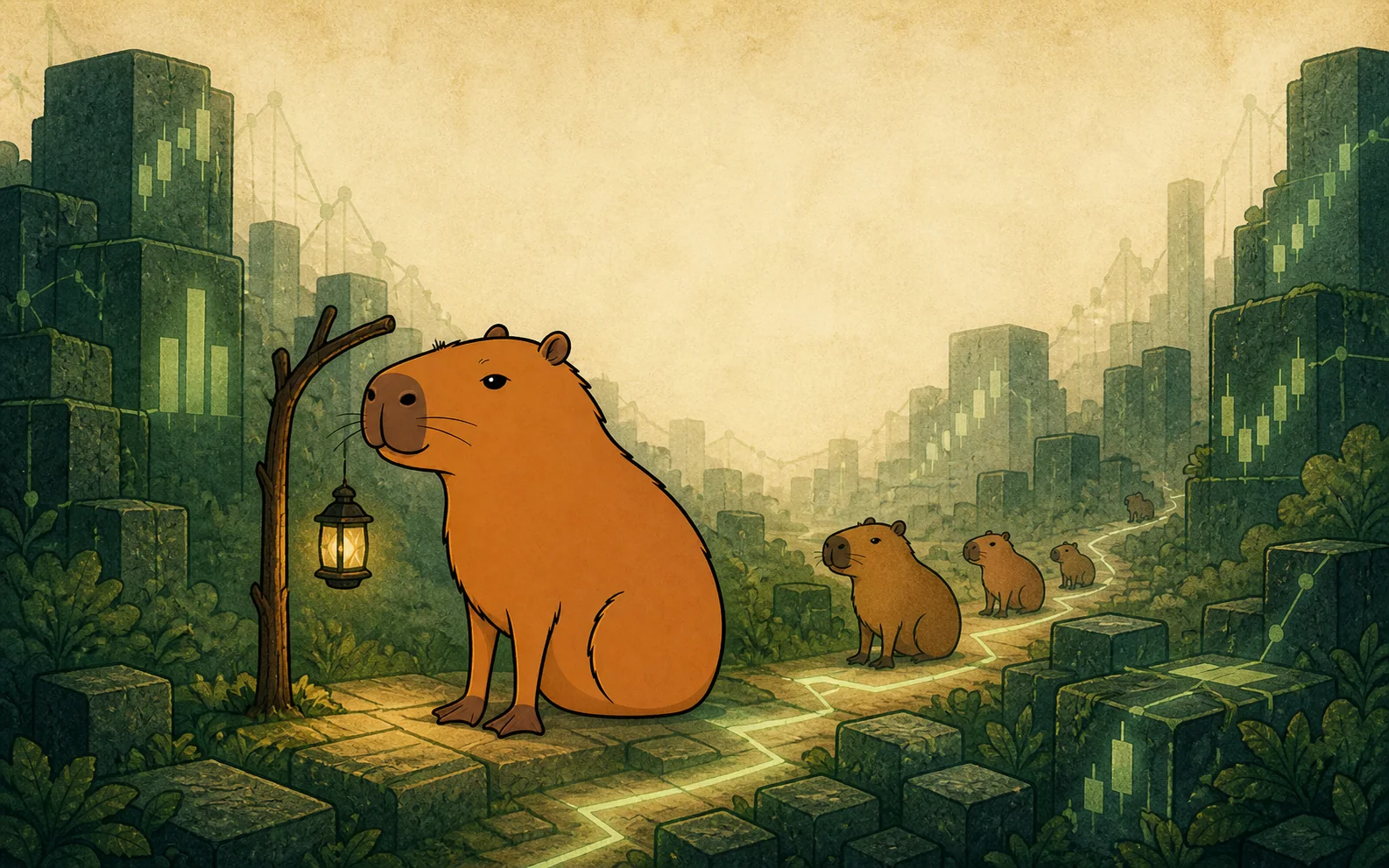 A capybara scout guiding a huddle through a forest of blocks and charts