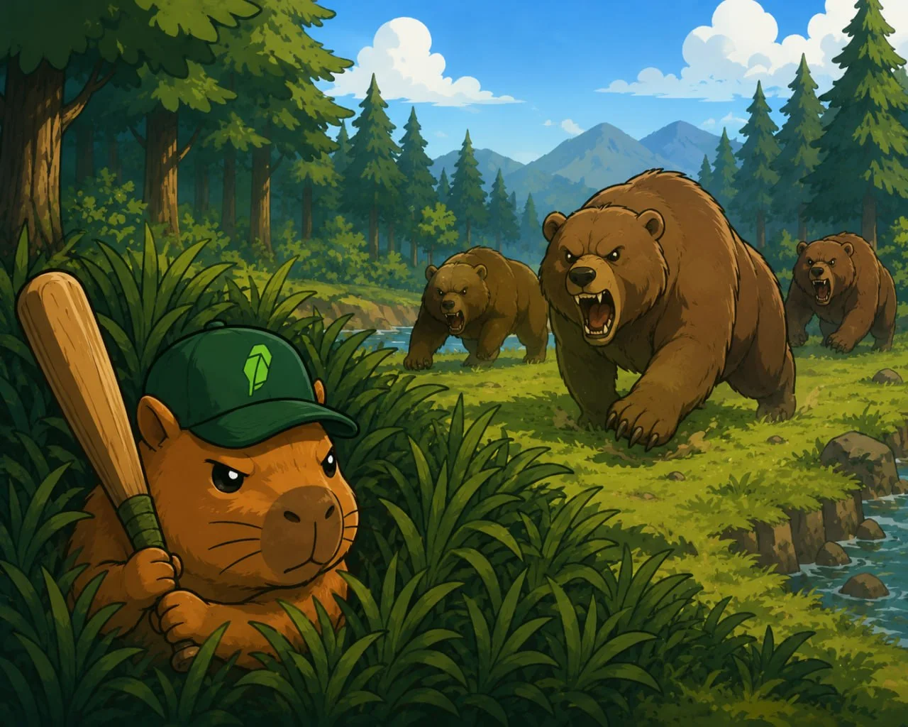 Kapiscout waiting in the tall grass with a bat as bears approach