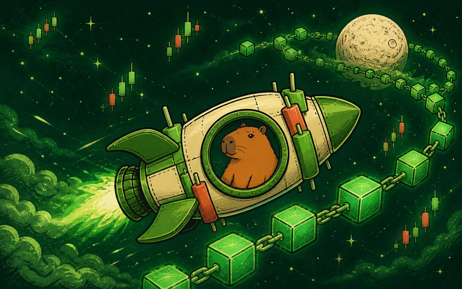 Kapiscout flying through a universe of blockchain blocks and market candles