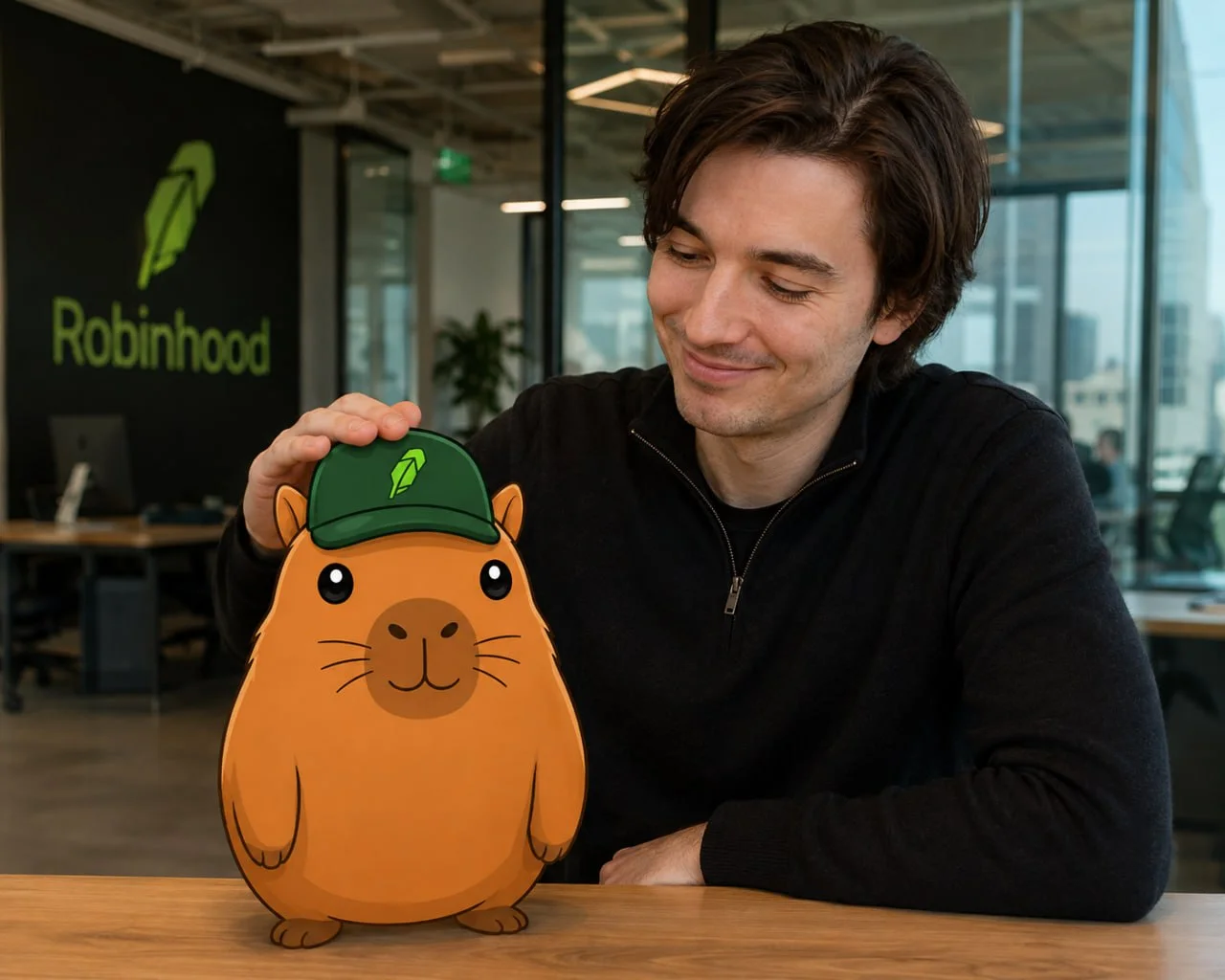 Concept artwork of a Robinhood office scene with the cartoon Kapiscout mascot